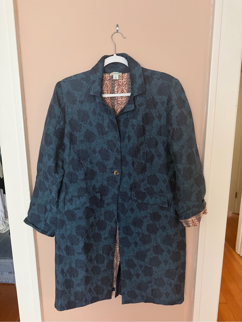 Sundance Navy Floral Jacquard longline Blazer—linen (77%) and cotton (23%)